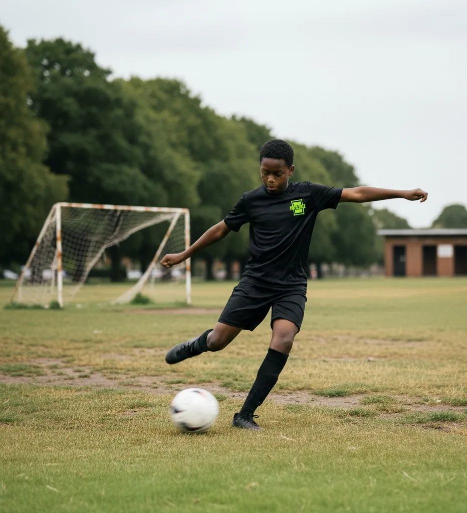 A Box to Box Academy player striking a football at training